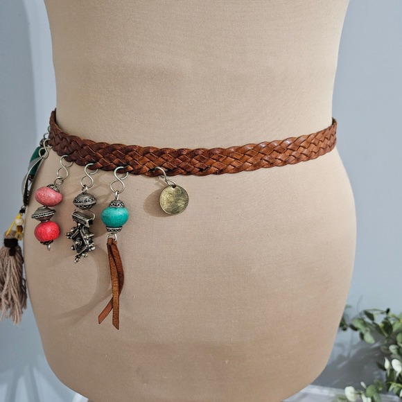 Boho Braided Leather Belt with‎ Charms Tassel Coin Turquoise Beads main image 11
